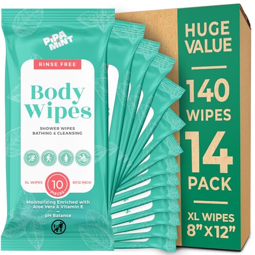 Body Wipes 14 Pack 140 XL Bath Wipes for Adults No Rinse Adult Wipe for Elderly Body Face Gentle Skin Cleansing Shower Wipe Bathing for Travel Elderly Car Gym Camping 8x12 Inch